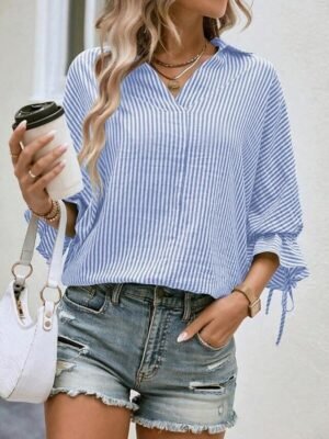 Elegant Modern Striped Shirt Collar 3/4 Length Ruffle Sleeve Asymmetric Shirt - Image 2