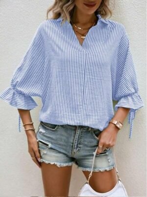 Elegant Modern Striped Shirt Collar 3/4 Length Ruffle Sleeve Asymmetric Shirt - Image 3