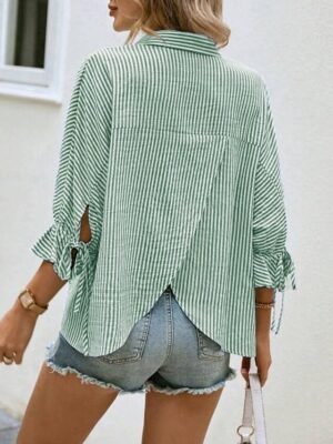 Elegant Modern Striped Shirt Collar 3/4 Length Ruffle Sleeve Asymmetric Shirt - Image 4