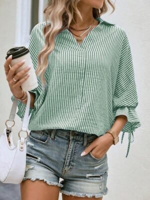 Elegant Modern Striped Shirt Collar 3/4 Length Ruffle Sleeve Asymmetric Shirt - Image 5