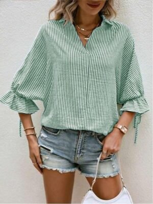 Elegant Modern Striped Shirt Collar 3/4 Length Ruffle Sleeve Asymmetric Shirt - Image 6