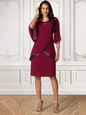 Elegant Non-Stretch Sequin Overlay Round Neck Three-Quarter Split Sleeve Knee-Length Midi Dress - Image 1