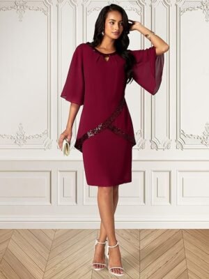 Elegant Non-Stretch Sequin Overlay Round Neck Three-Quarter Split Sleeve Knee-Length Midi Dress - Image 11