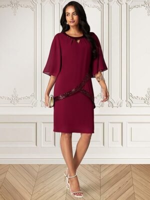 Elegant Non-Stretch Sequin Overlay Round Neck Three-Quarter Split Sleeve Knee-Length Midi Dress - Image 12