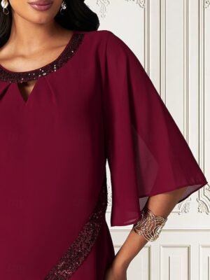 Elegant Non-Stretch Sequin Overlay Round Neck Three-Quarter Split Sleeve Knee-Length Midi Dress - Image 14