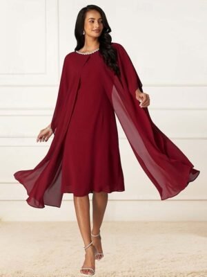 Elegant Non-Stretch Sequin Overlay Round Neck Three-Quarter Split Sleeve Knee-Length Midi Dress - Image 15