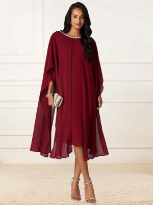 Elegant Non-Stretch Sequin Overlay Round Neck Three-Quarter Split Sleeve Knee-Length Midi Dress - Image 16