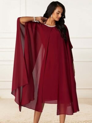 Elegant Non-Stretch Sequin Overlay Round Neck Three-Quarter Split Sleeve Knee-Length Midi Dress - Image 17