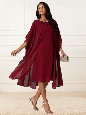 Elegant Non-Stretch Sequin Overlay Round Neck Three-Quarter Split Sleeve Knee-Length Midi Dress - Image 18