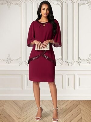 Elegant Non-Stretch Sequin Overlay Round Neck Three-Quarter Split Sleeve Knee-Length Midi Dress - Image 2