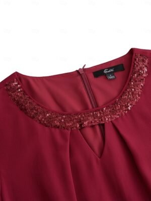 Elegant Non-Stretch Sequin Overlay Round Neck Three-Quarter Split Sleeve Knee-Length Midi Dress - Image 5