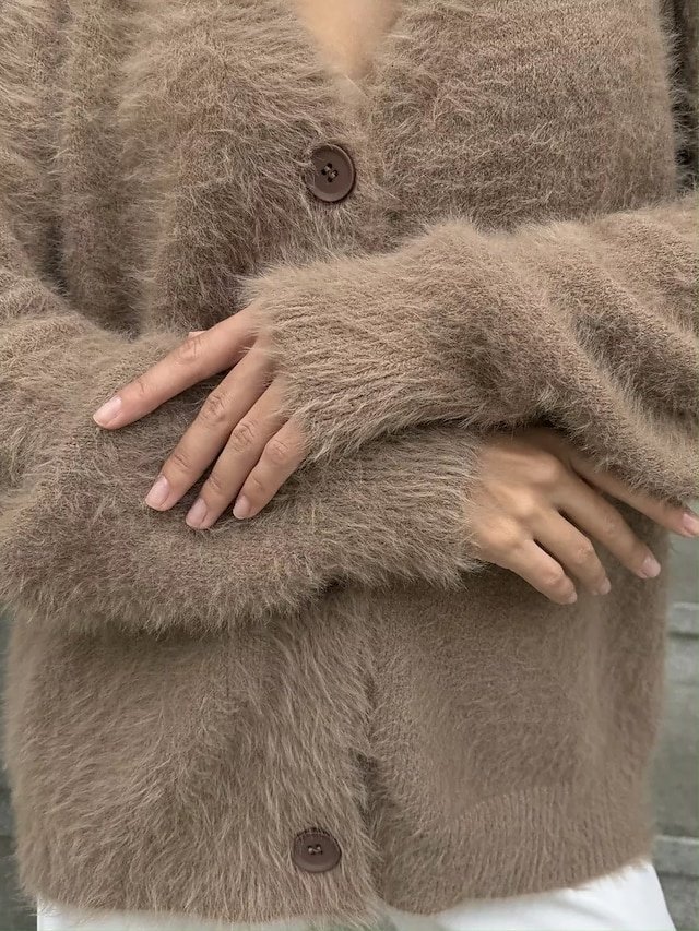 Elegant Oversized Solid V Neck Long Sleeve Cardigan - Image 2