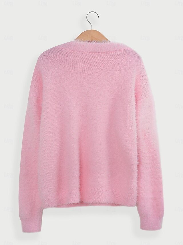 Elegant Oversized Solid V Neck Long Sleeve Cardigan - Image 2