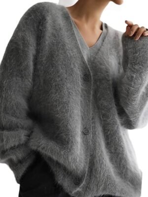 Elegant Oversized Solid V Neck Long Sleeve Cardigan - Image 6