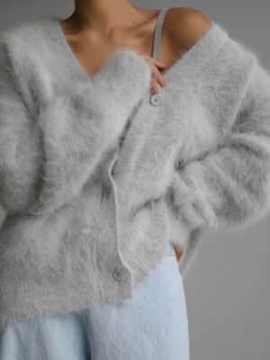 Elegant Oversized Solid V Neck Long Sleeve Cardigan - Image 7