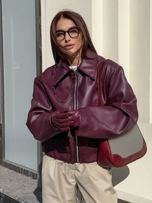 Elegant Oversized Vintage Turndown Long Sleeve Short Faux Leather Jacket - Image 3