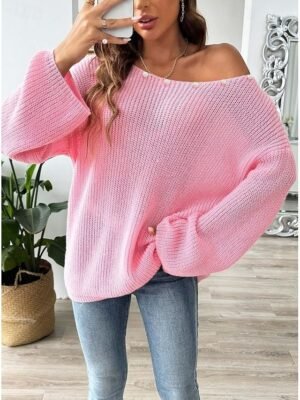 Elegant Party Loose Solid Crew Neck Long Sleeve Knit Sweater - Image 3