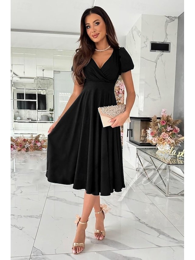 Elegant Party V Neck Puff Sleeve Midi Dress - Image 1
