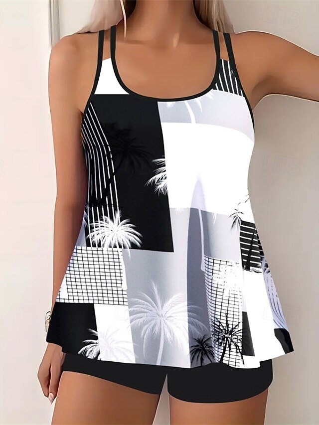 Elegant Plus Size Black White Sleeveless Tankini - Image 1