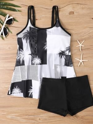 Elegant Plus Size Black White Sleeveless Tankini - Image 2