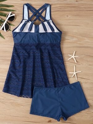 Elegant Plus Size Solid Lace Sleeveless Tankini - Image 9