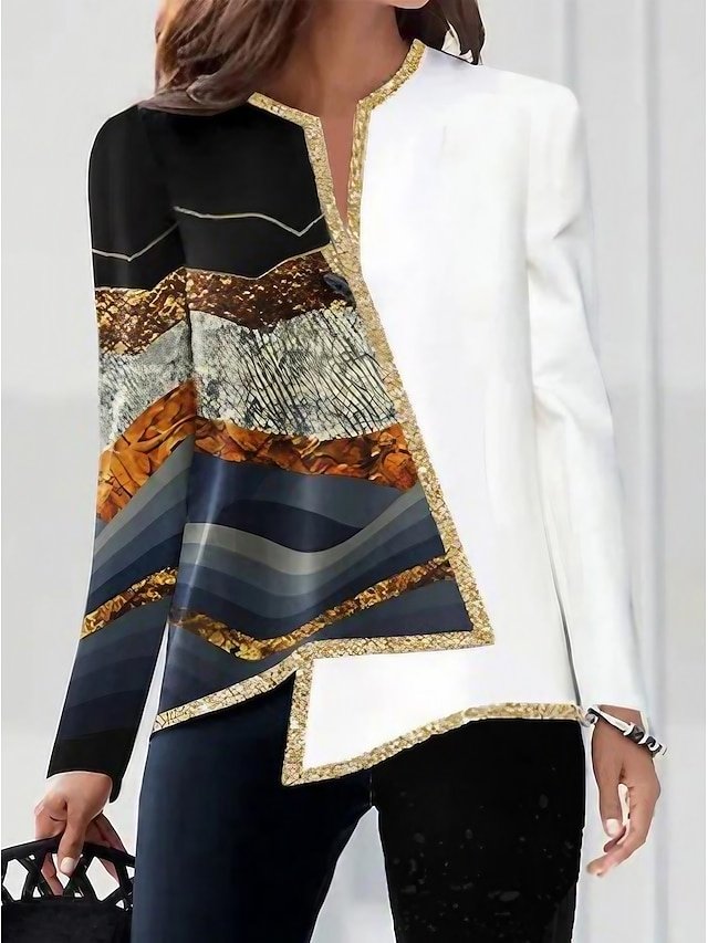 Elegant Plus Size Vintage Colour Block V Neck Long Sleeve Blouse - Image 1