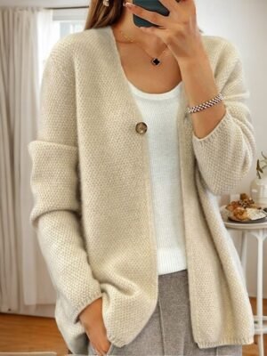 Elegant Pure Colour V Neck Long Sleeve Cardigan - Image 2