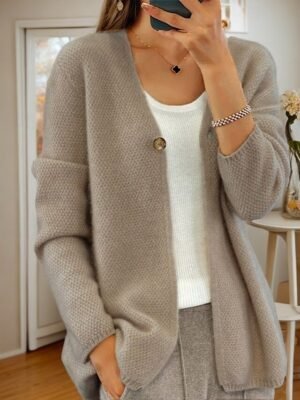 Elegant Pure Colour V Neck Long Sleeve Cardigan - Image 4