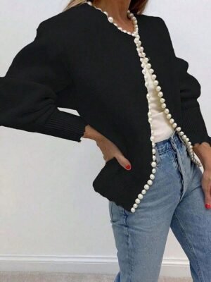 Elegant Regular Beaded Crew Neck Long Sleeve Cardigan - Image 2