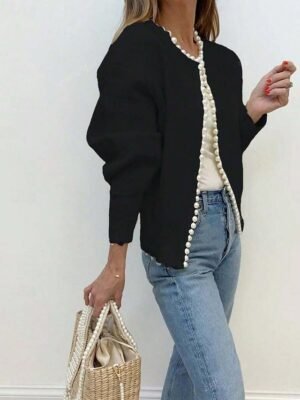 Elegant Regular Beaded Crew Neck Long Sleeve Cardigan - Image 3