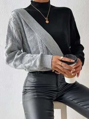 Elegant Regular Colour Block Mock Neck Long Sleeve Knit Top - Image 3