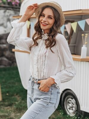 Elegant Regular Eyelet Vintage Blouse Long Sleeve Lace Top - Image 4