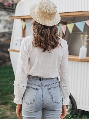 Elegant Regular Eyelet Vintage Blouse Long Sleeve Lace Top - Image 5