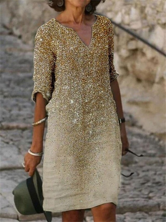 Elegant Regular Fit Abstract V Neck Half Sleeve Midi Dress - Image 1