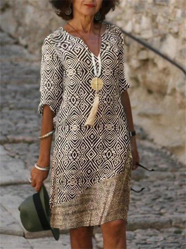 Elegant Regular Fit Abstract V Neck Half Sleeve Midi Dress - Image 2