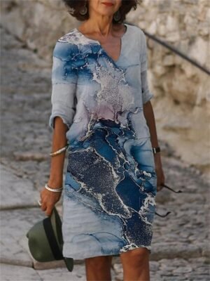 Elegant Regular Fit Abstract V Neck Half Sleeve Midi Dress - Image 3