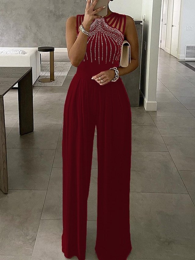 Elegant Regular Fit Beaded Crew Neck Sleeveless Wide Leg Jumpsuit - Image 2