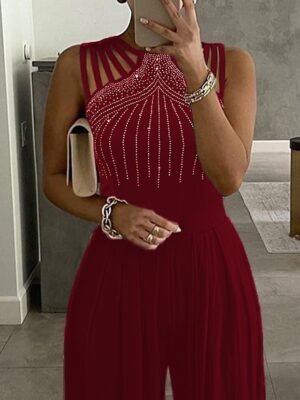 Elegant Regular Fit Beaded Crew Neck Sleeveless Wide Leg Jumpsuit - Image 4