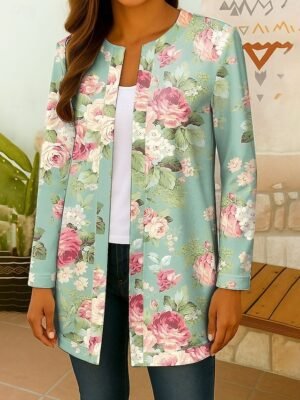 Elegant Regular Fit Floral Collarless Long Sleeve Blazer - Image 10
