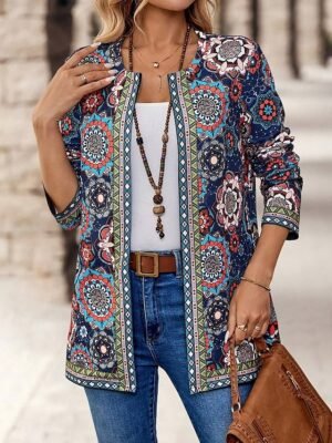 Elegant Regular Fit Floral Collarless Long Sleeve Blazer - Image 5