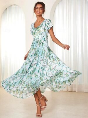 Elegant Regular Fit Floral Crew Neck Flounce Sleeve Maxi Dress - Image 1