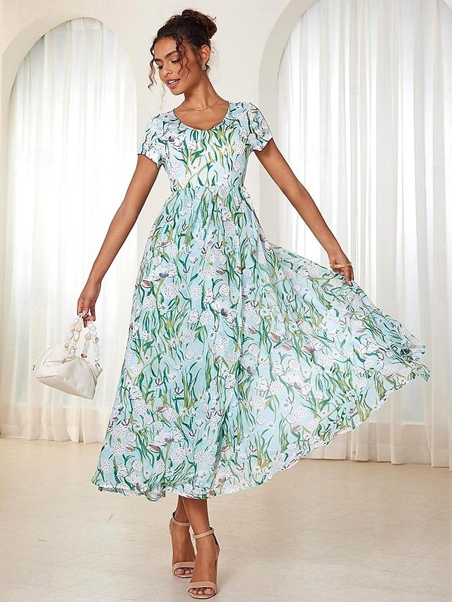 Elegant Regular Fit Floral Crew Neck Flounce Sleeve Maxi Dress - Image 2