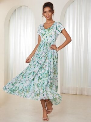 Elegant Regular Fit Floral Crew Neck Flounce Sleeve Maxi Dress - Image 4