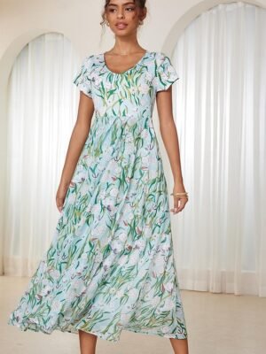 Elegant Regular Fit Floral Crew Neck Flounce Sleeve Maxi Dress - Image 5