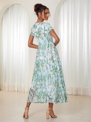 Elegant Regular Fit Floral Crew Neck Flounce Sleeve Maxi Dress - Image 6