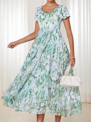 Elegant Regular Fit Floral Crew Neck Flounce Sleeve Maxi Dress - Image 7