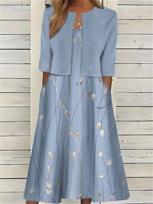 Elegant Regular Fit Floral Crew Neck Half Sleeve Midi Dress Set - Image 1