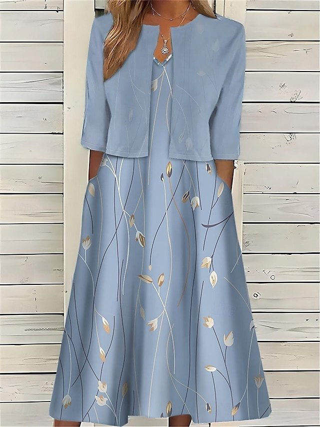 Elegant Regular Fit Floral Crew Neck Half Sleeve Midi Dress Set - Image 1