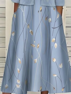 Elegant Regular Fit Floral Crew Neck Half Sleeve Midi Dress Set - Image 3