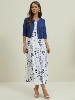 Elegant Regular Fit Floral Crew Neck Half Sleeve Midi Dress Set - Image 4